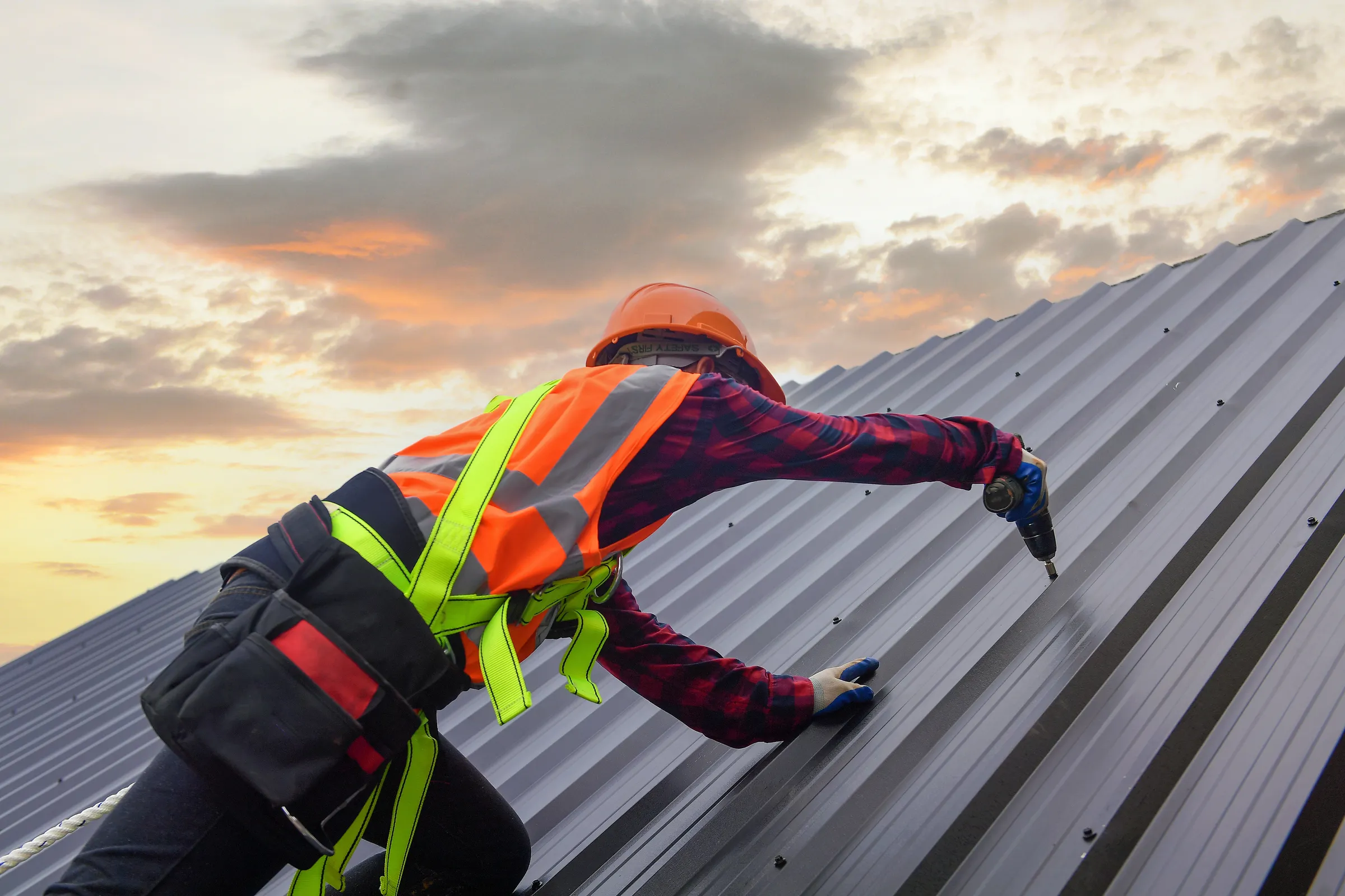 Roofing installer fastening profiled metal roof sheeting